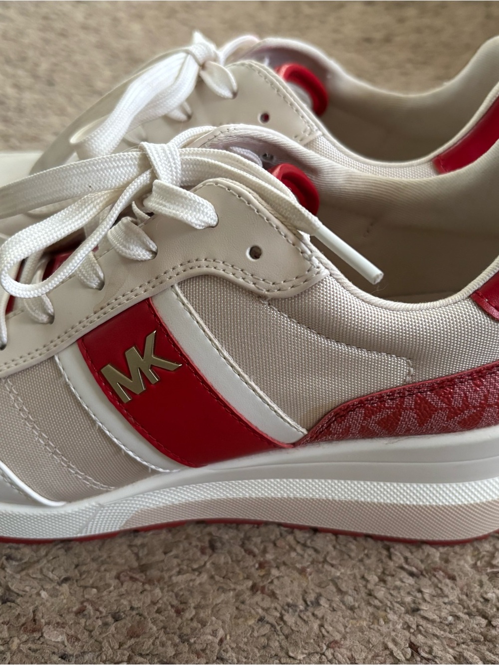 Women’s Michael Kors White & Red MK Accent Sneakers- 2 1/2” Lift- Sz 9.5